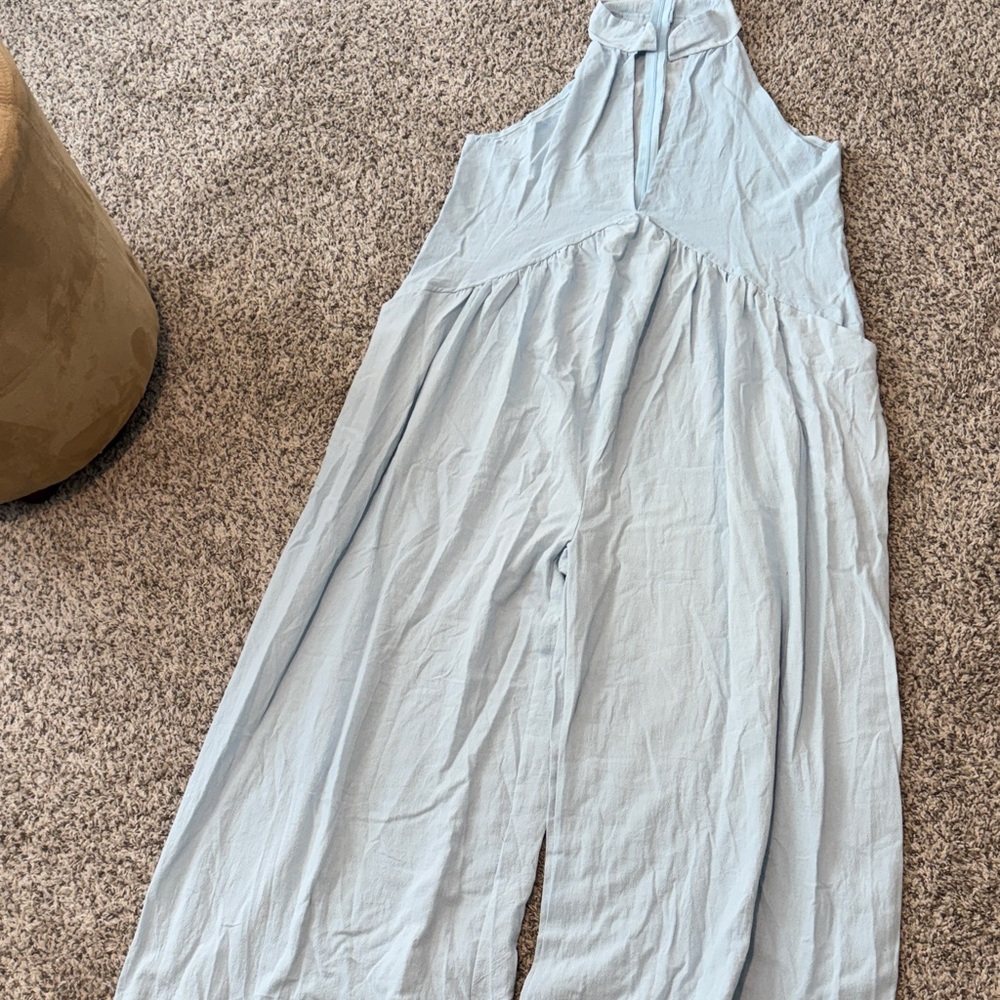 Sleeveless Light Blue Halter Jumpsuit with Wide Legs